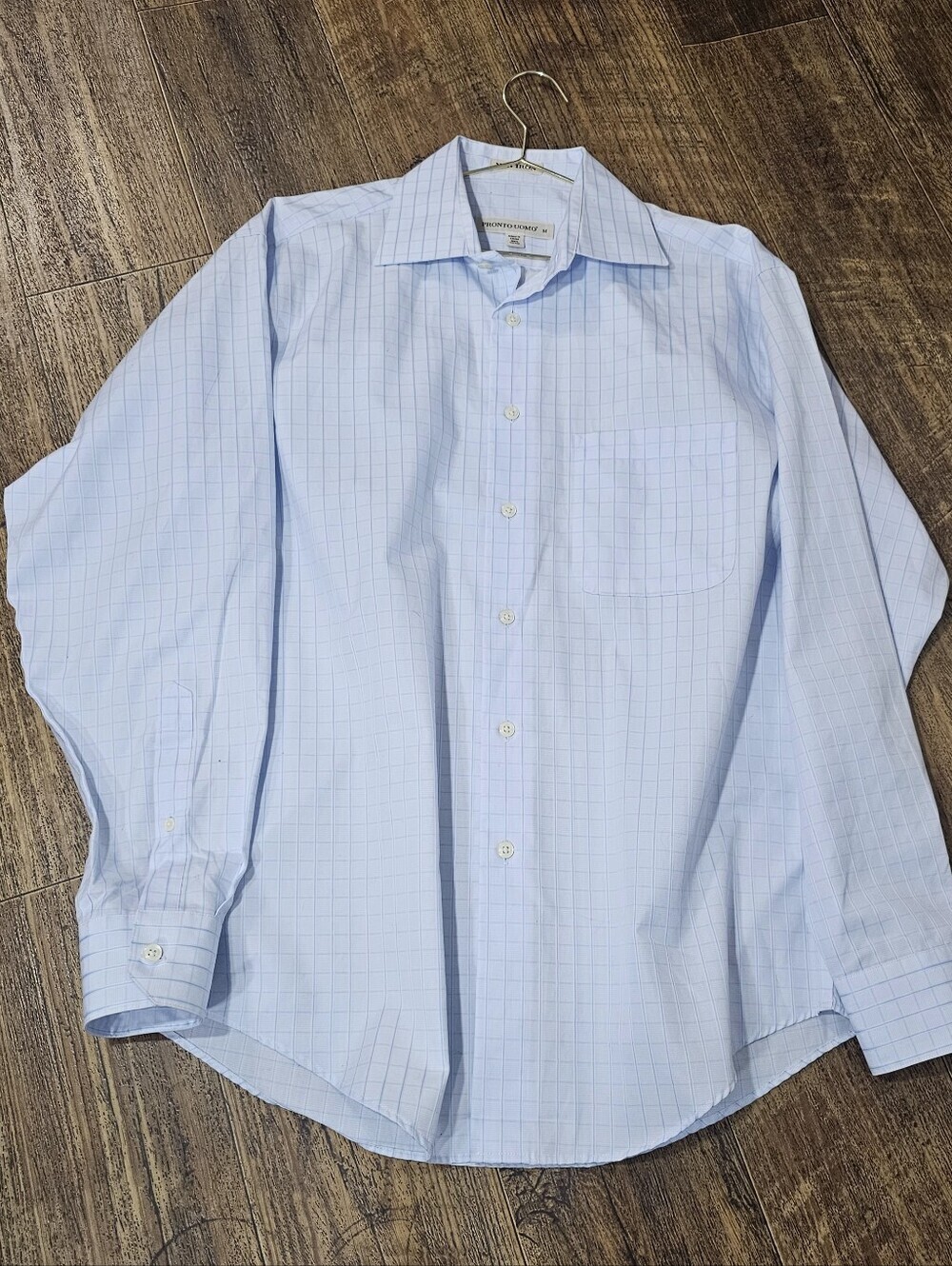Pronto Uomo Mens Shirt Medium Blue White Graph Check Non-Iron 100% Cotton